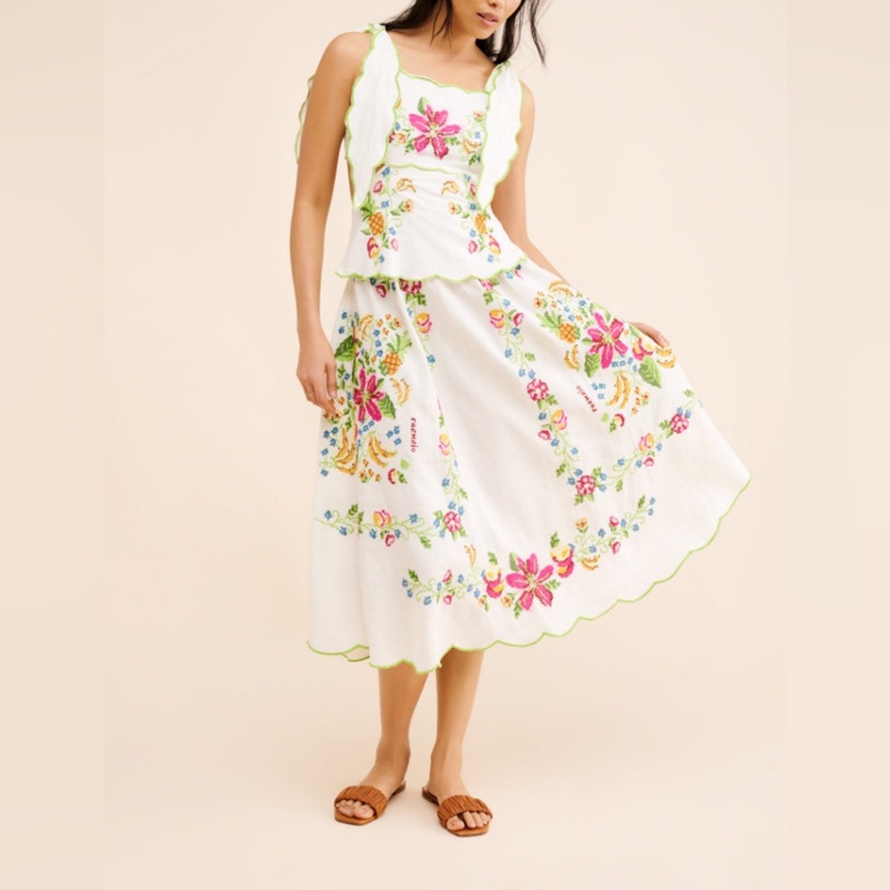 Farm Rio Tropical Romance Floral-embroidered Linen-blend Midi Dress Size XL - Picture 9 of 15